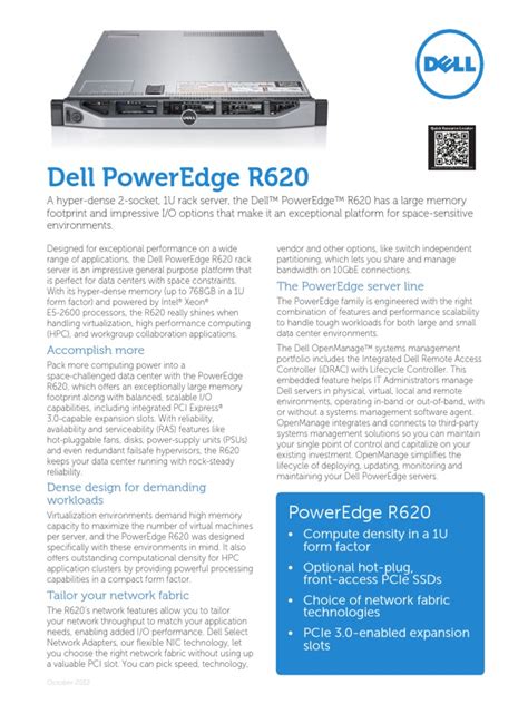 dell r620 spec sheet Feature Technical specification Form factor 1U rack server Dimensions and weight H: 42